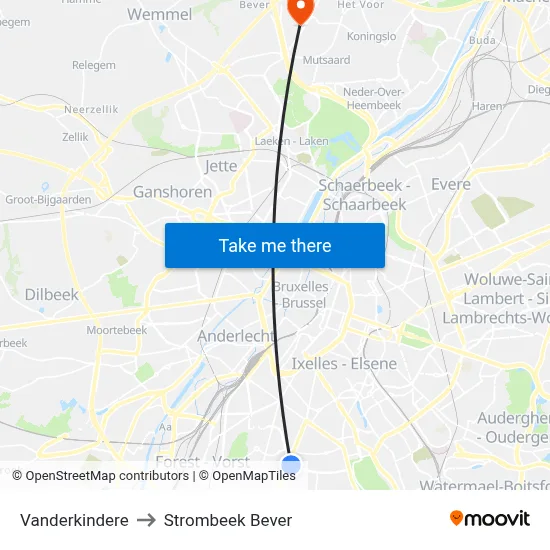 Vanderkindere to Strombeek Bever map