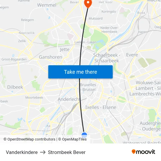 Vanderkindere to Strombeek Bever map