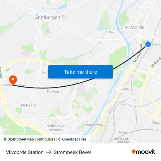 Vilvoorde Station to Strombeek Bever map