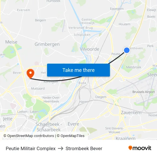 Peutie Militair Complex to Strombeek Bever map