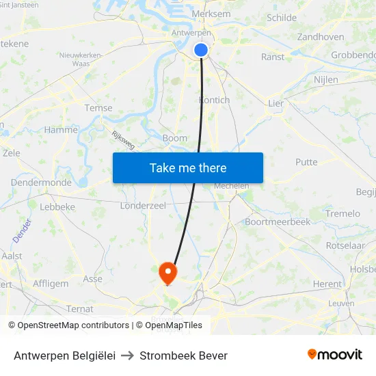 Antwerpen Belgiëlei to Strombeek Bever map