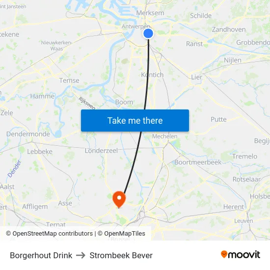 Borgerhout Drink to Strombeek Bever map