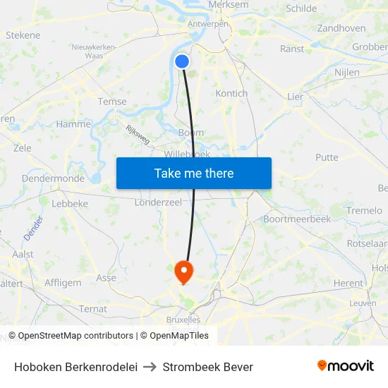Hoboken Berkenrodelei to Strombeek Bever map
