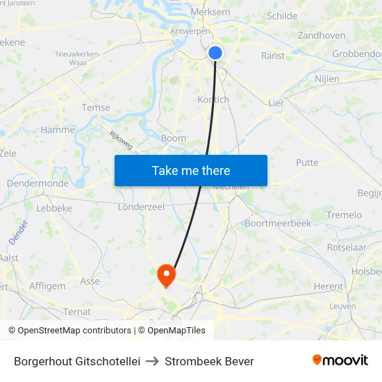 Borgerhout Gitschotellei to Strombeek Bever map