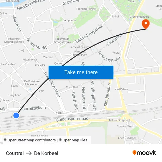 Courtrai to De Korbeel map