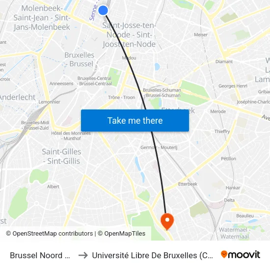 Brussel Noord Opstaphalte to Université Libre De Bruxelles (Campus du Solbosch) map