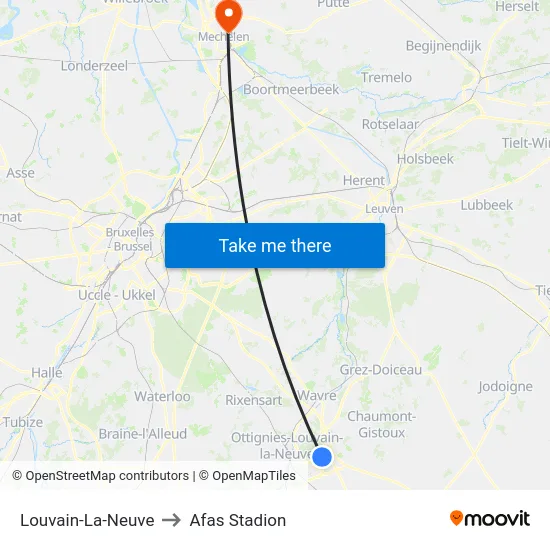 Louvain-La-Neuve to Afas Stadion map