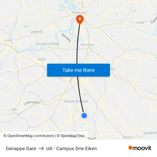 Genappe Gare to UA - Campus Drie Eiken map