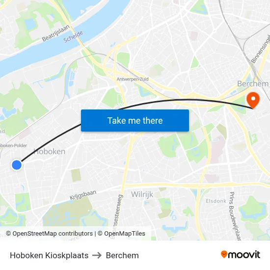 Hoboken Kioskplaats to Berchem map