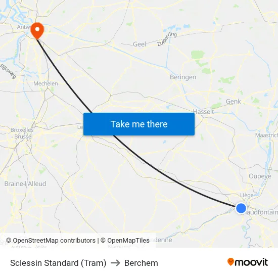 Sclessin Standard (Tram) to Berchem map
