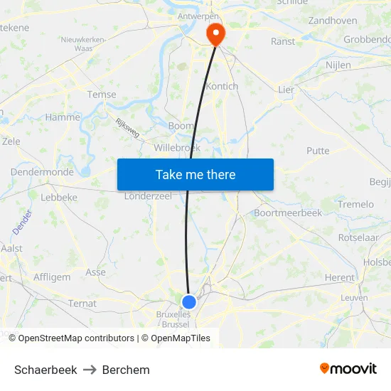 Schaerbeek to Berchem map