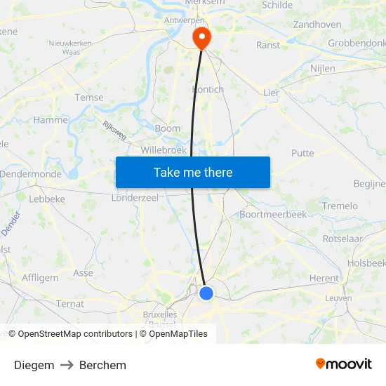 Diegem to Berchem map
