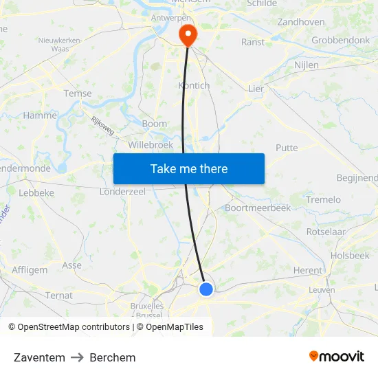 Zaventem to Berchem map