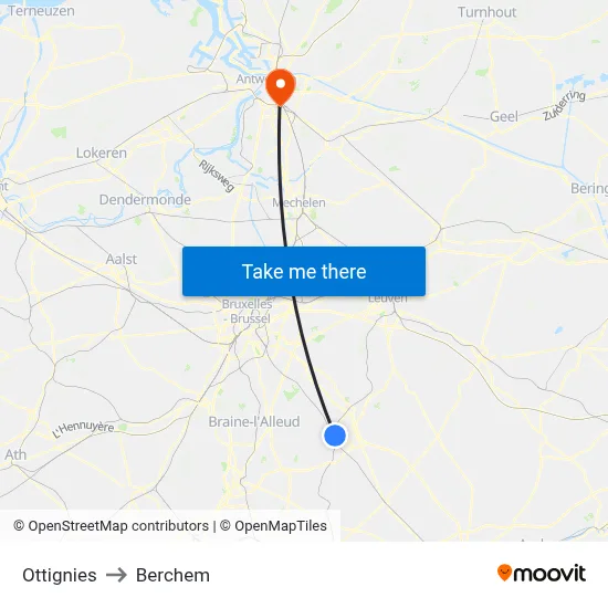 Ottignies to Berchem map