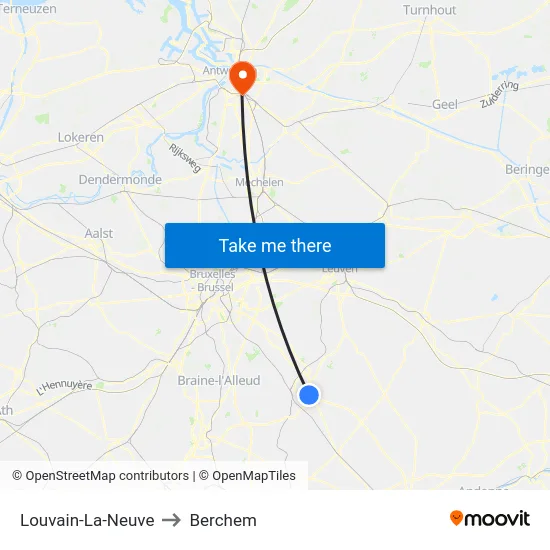Louvain-La-Neuve to Berchem map