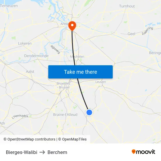 Bierges-Walibi to Berchem map