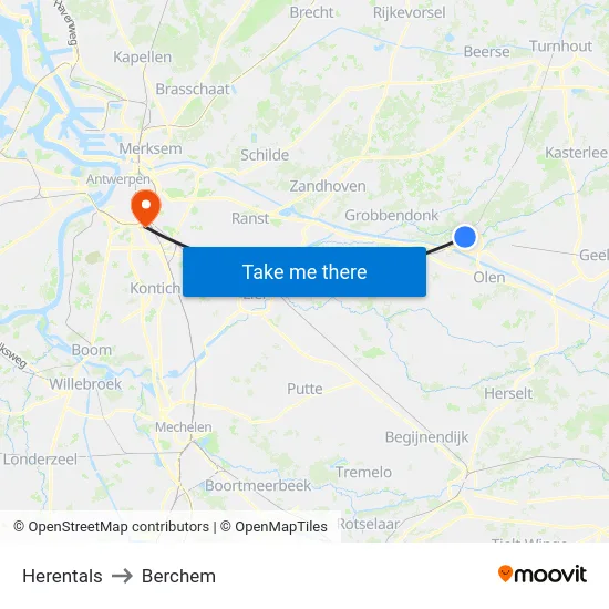 Herentals to Berchem map