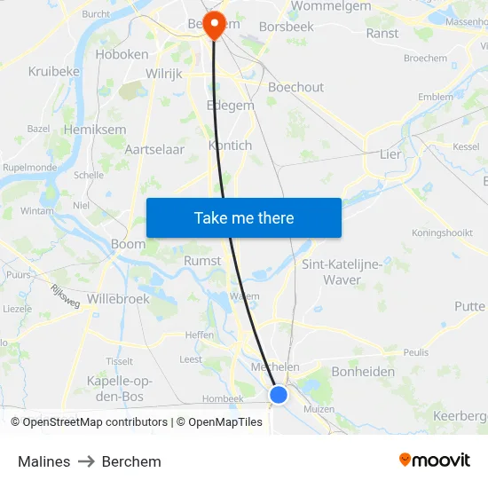 Malines to Berchem map