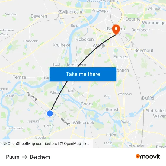Puurs to Berchem map