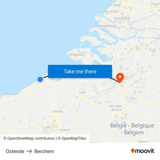 Ostende to Berchem map