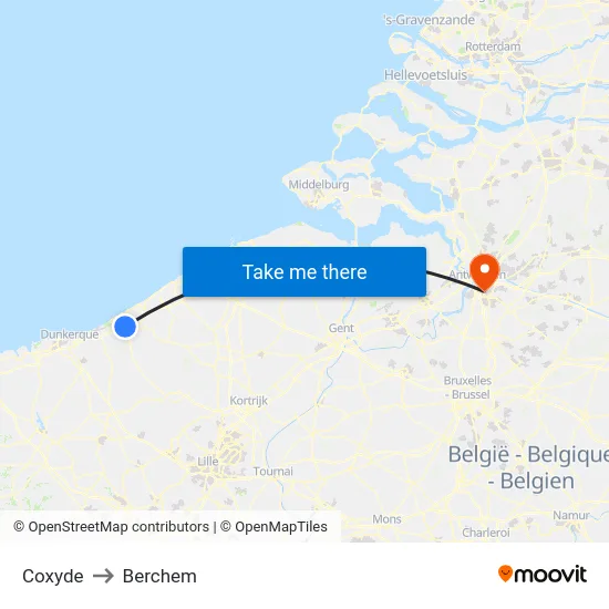 Coxyde to Berchem map