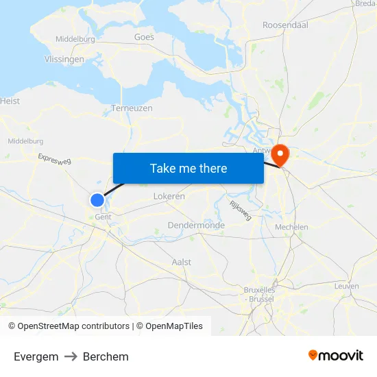 Evergem to Berchem map