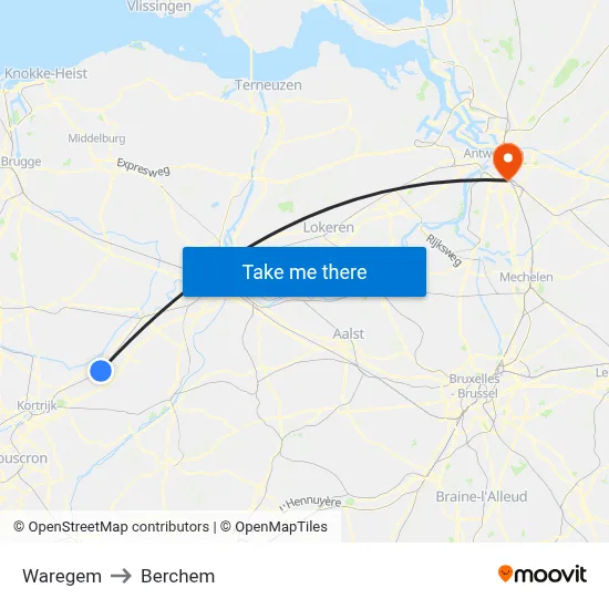 Waregem to Berchem map