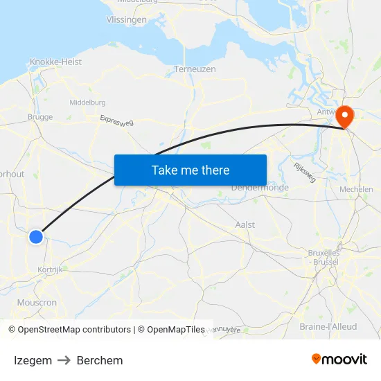 Izegem to Berchem map