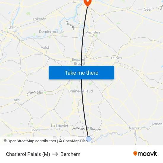 Charleroi Palais (M) to Berchem map