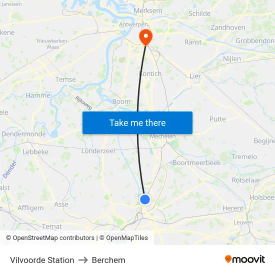 Vilvoorde Station to Berchem map