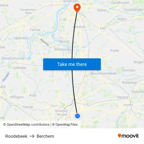 Roodebeek to Berchem map