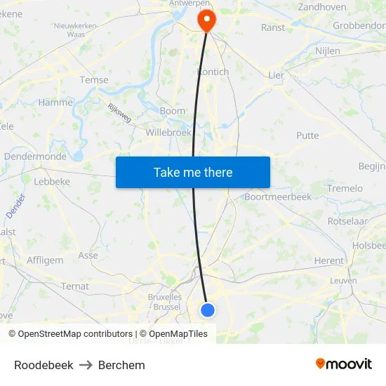 Roodebeek to Berchem map