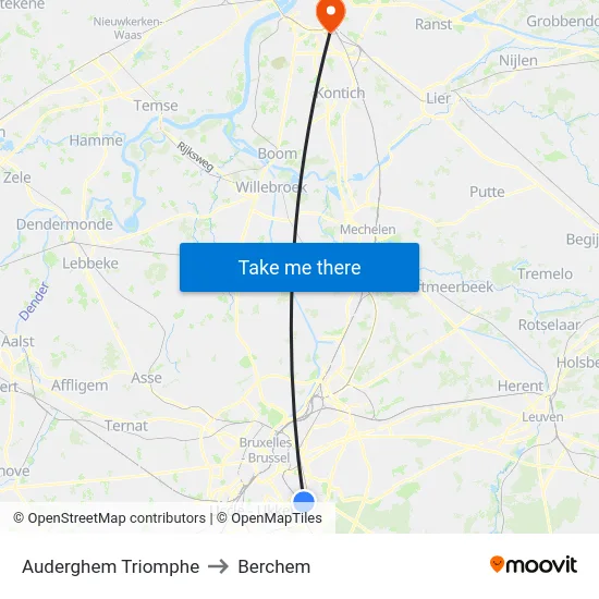 Auderghem Triomphe to Berchem map
