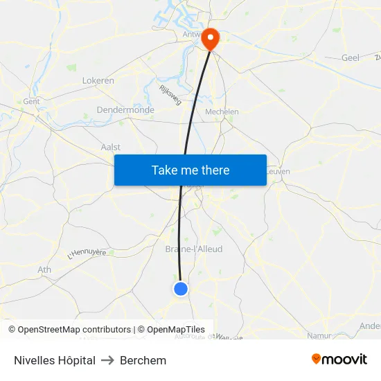 Nivelles Hôpital to Berchem map