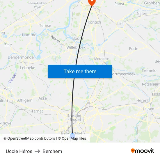 Uccle Héros to Berchem map