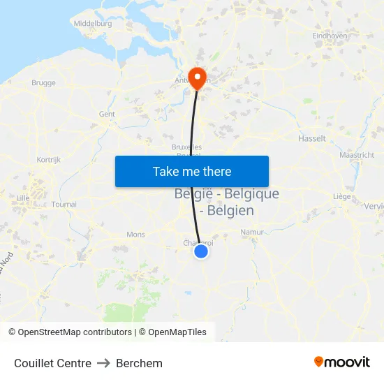 Couillet Centre to Berchem map