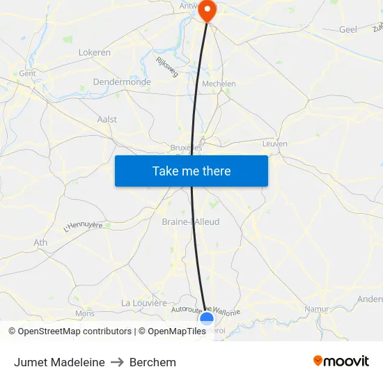 Jumet Madeleine to Berchem map