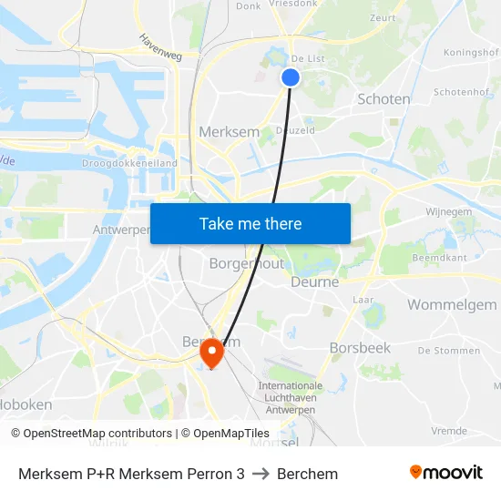 Merksem P+R Merksem Perron 3 to Berchem map