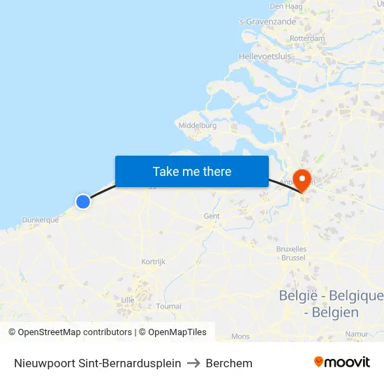 Nieuwpoort Sint-Bernardusplein to Berchem map
