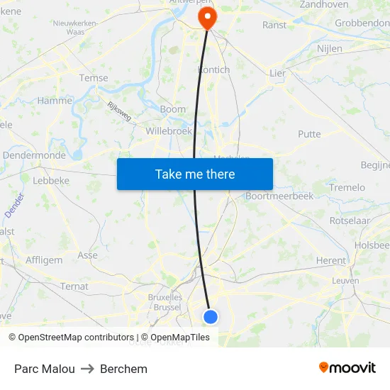 Parc Malou to Berchem map