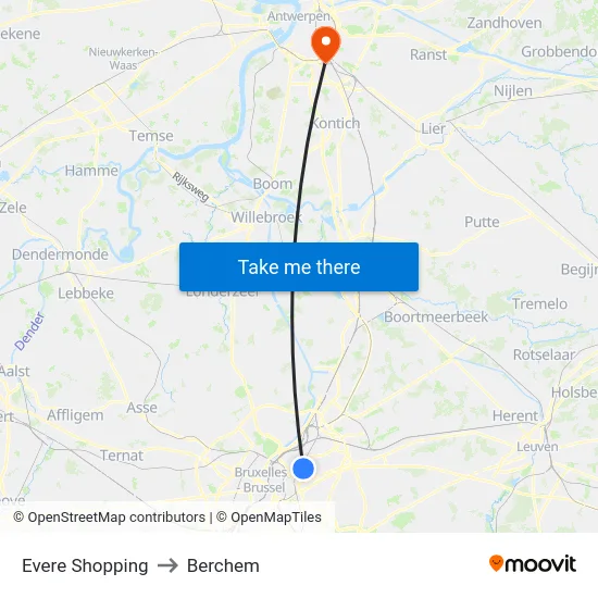Evere Shopping to Berchem map