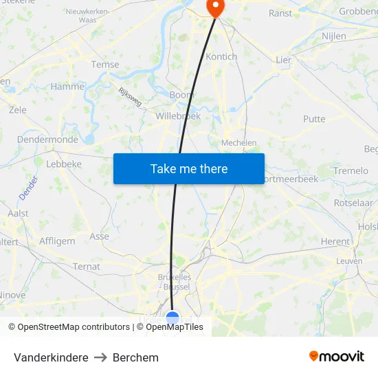 Vanderkindere to Berchem map