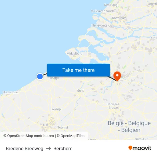 Bredene Breeweg to Berchem map