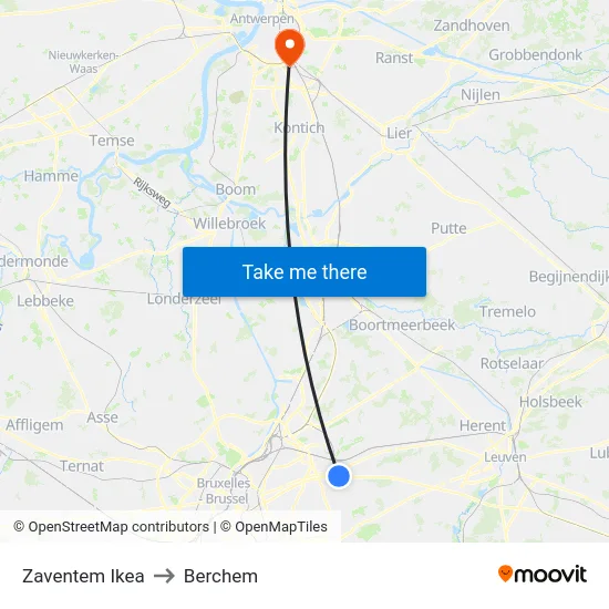 Zaventem Ikea to Berchem map