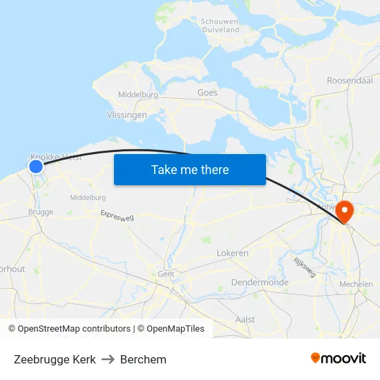 Zeebrugge Kerk to Berchem map