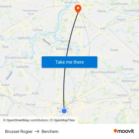Brussel Rogier to Berchem map