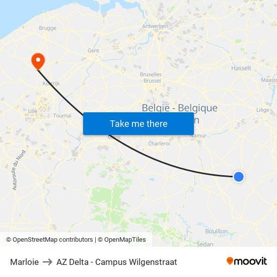 Marloie to AZ Delta - Campus Wilgenstraat map