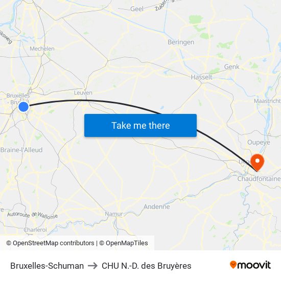 Bruxelles-Schuman to CHU N.-D. des Bruyères map
