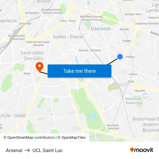 Arsenal to UCL Saint Luc map