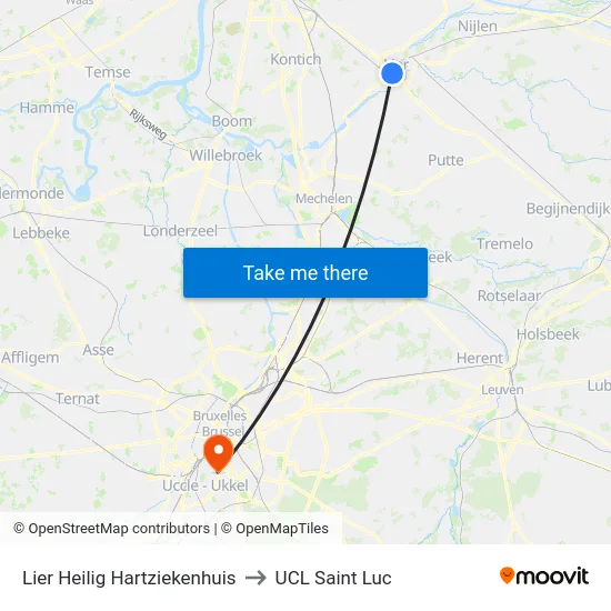 Lier Heilig Hartziekenhuis to UCL Saint Luc map